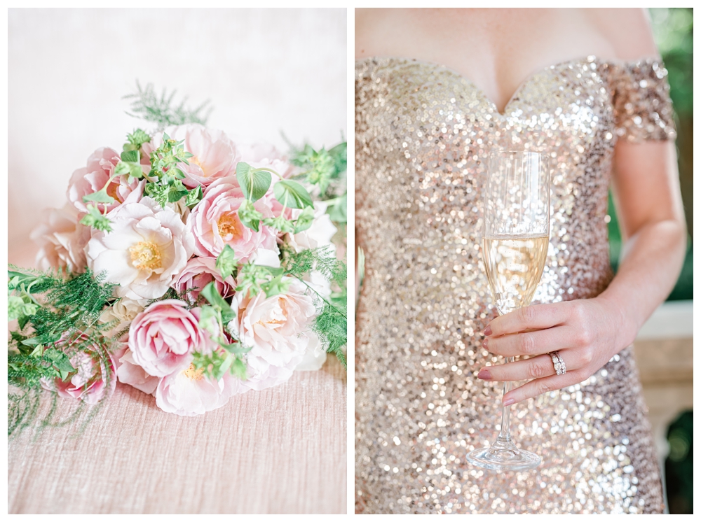 wedding bouquet; rose bouquet; pink bouquet; wedding florals; wedding bouquet; engagement ring; badgley mischka; gold sequin gown; champagne glass; champagne flute;