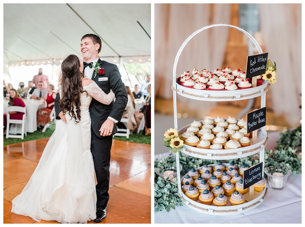 Wedding cupcakes; wedding desserts; cupcake tower; wedding reception; First dance;