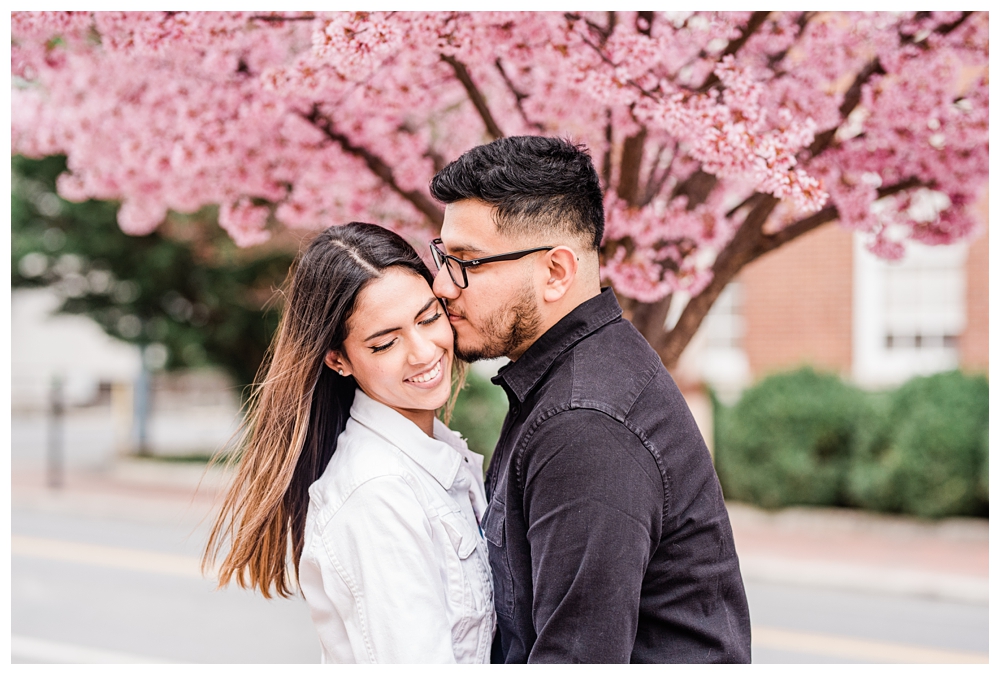 Cherry blossoms; Virginia cherry blossoms; downtown winchester; downtown engagement session; engagement sessions with cherry blossoms;