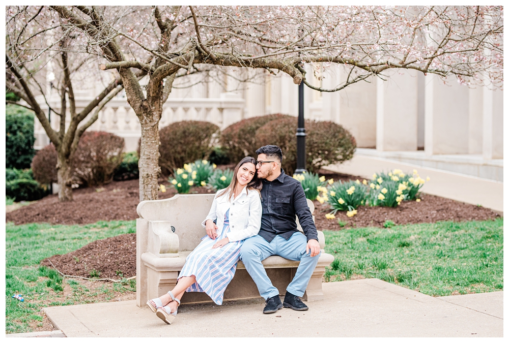 winchester engagement photographer, engagements with cherry blossoms; spring engagement session; handley regional library;