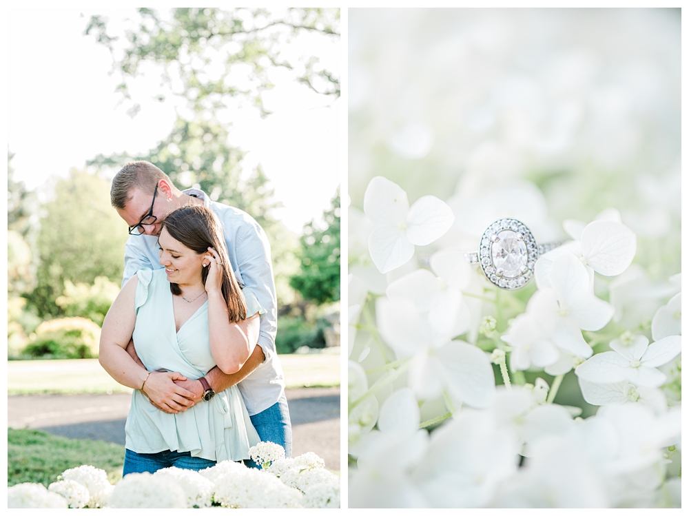 Historic Long Branch Engagement Session; Virginia Wedding Venue; Engagement Ring; White Hydrangeas;