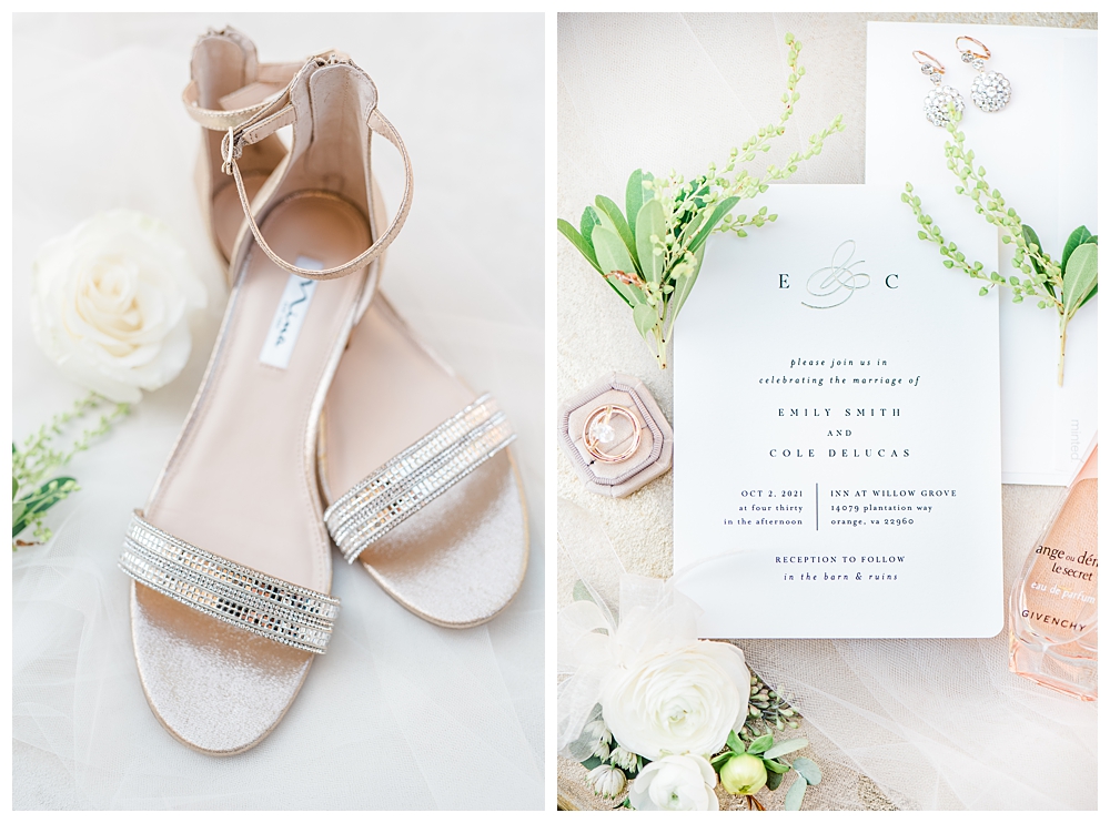 The Inn at Willow Grove, Willow Grove Wedding, Southern Weddings, Inn at Willow Grove, Virginia Wedding Venue, VIrginia Weddings, Bridal Details, Bridal Shoes, Bridal Invitation, Wedding Flat Lay,