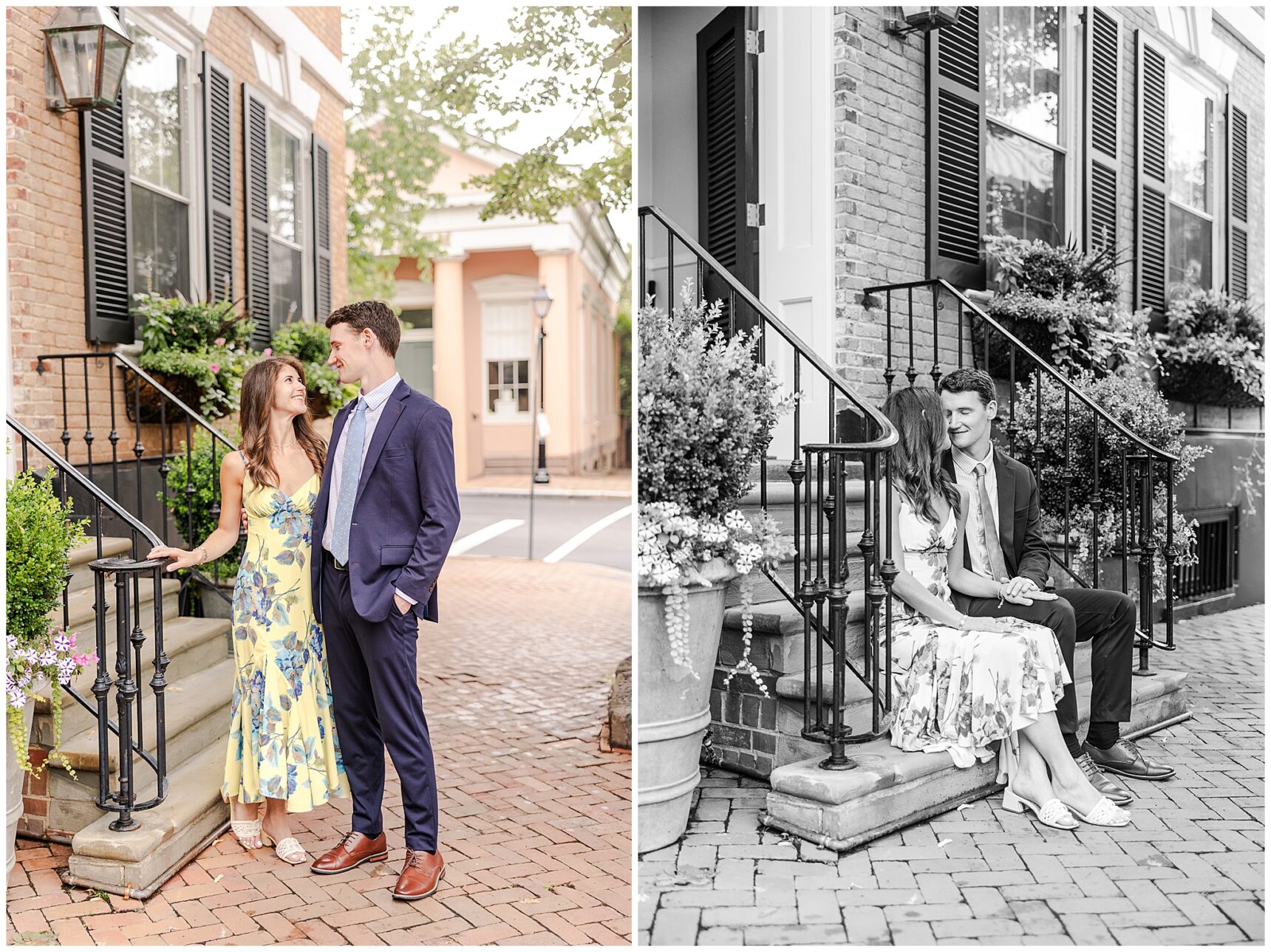 Timeless engagement photos on the cobblestone streets of Old Town Alexandria, Engagement portraits at Old Town Alexandria waterfront,Alexandria engagement photographer capturing candid moments in Old Town,Old Town Alexandria engagement photos showcasing historic charm and character,Romantic engagement photos in Downtown Alexandria featuring historic architecture