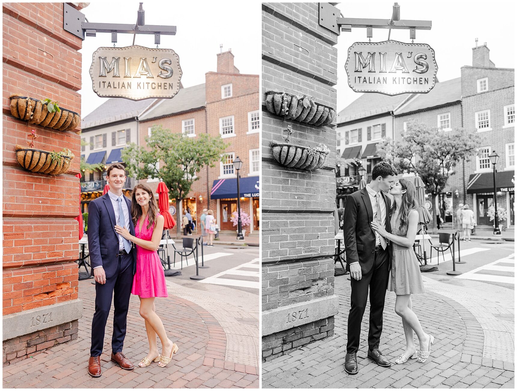 Timeless engagement photos on the cobblestone streets of Old Town Alexandria, Engagement portraits at Old Town Alexandria waterfront,Alexandria engagement photographer capturing candid moments in Old Town,Old Town Alexandria engagement photos showcasing historic charm and character,Romantic engagement photos in Downtown Alexandria featuring historic architecture, Mia's Italian Kitchen Alexandria Virginia
