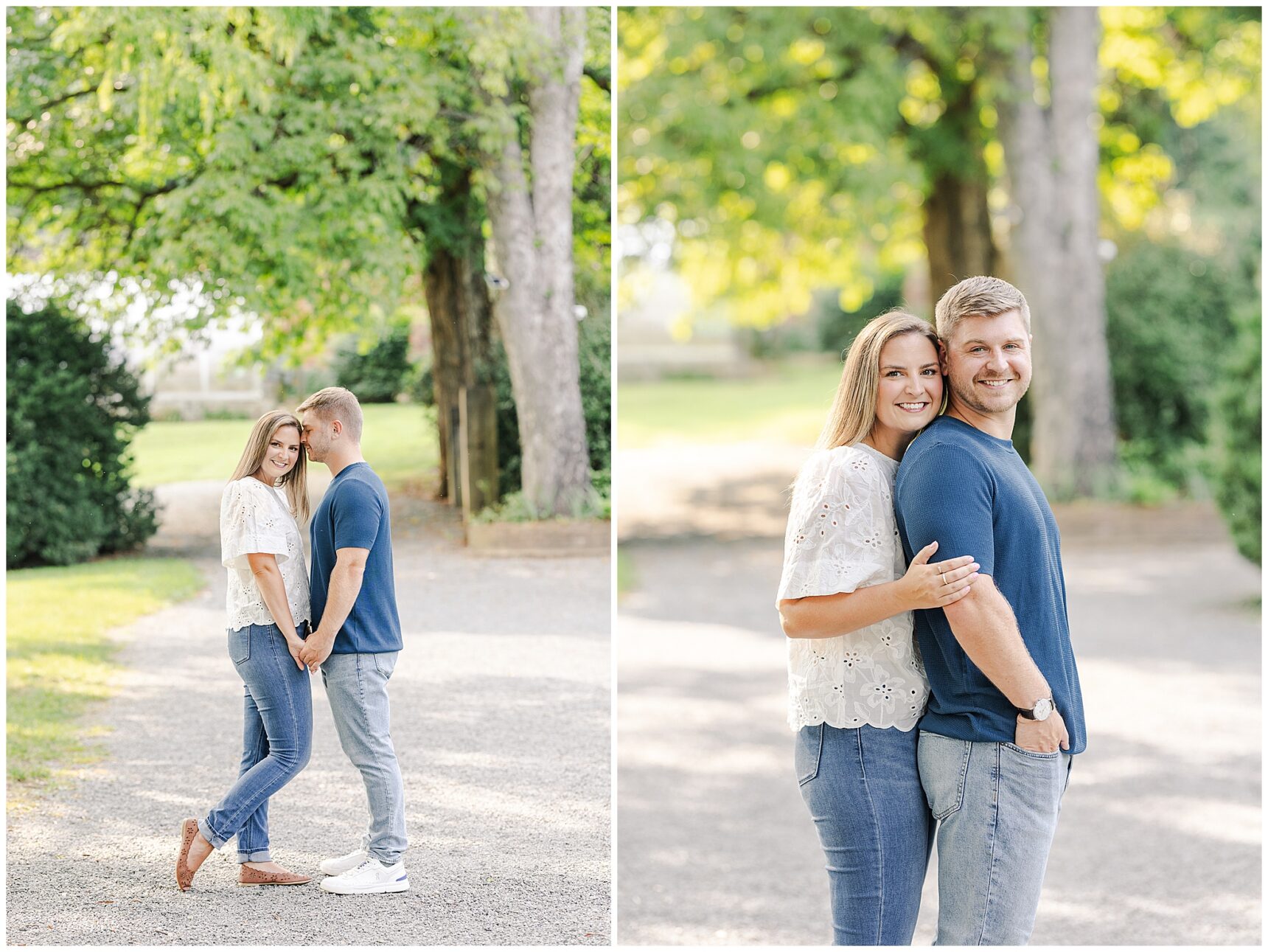 Sarah and Ian walking through the gardens during their summer engagement session at Morven Park