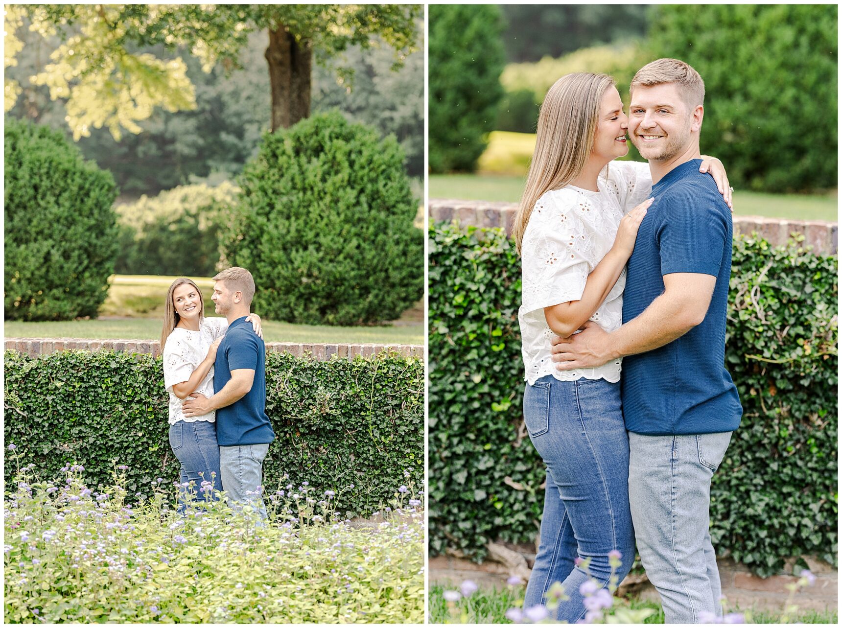 Engaged couple Sarah and Ian sharing a candid moment in the gardens at Morven Park