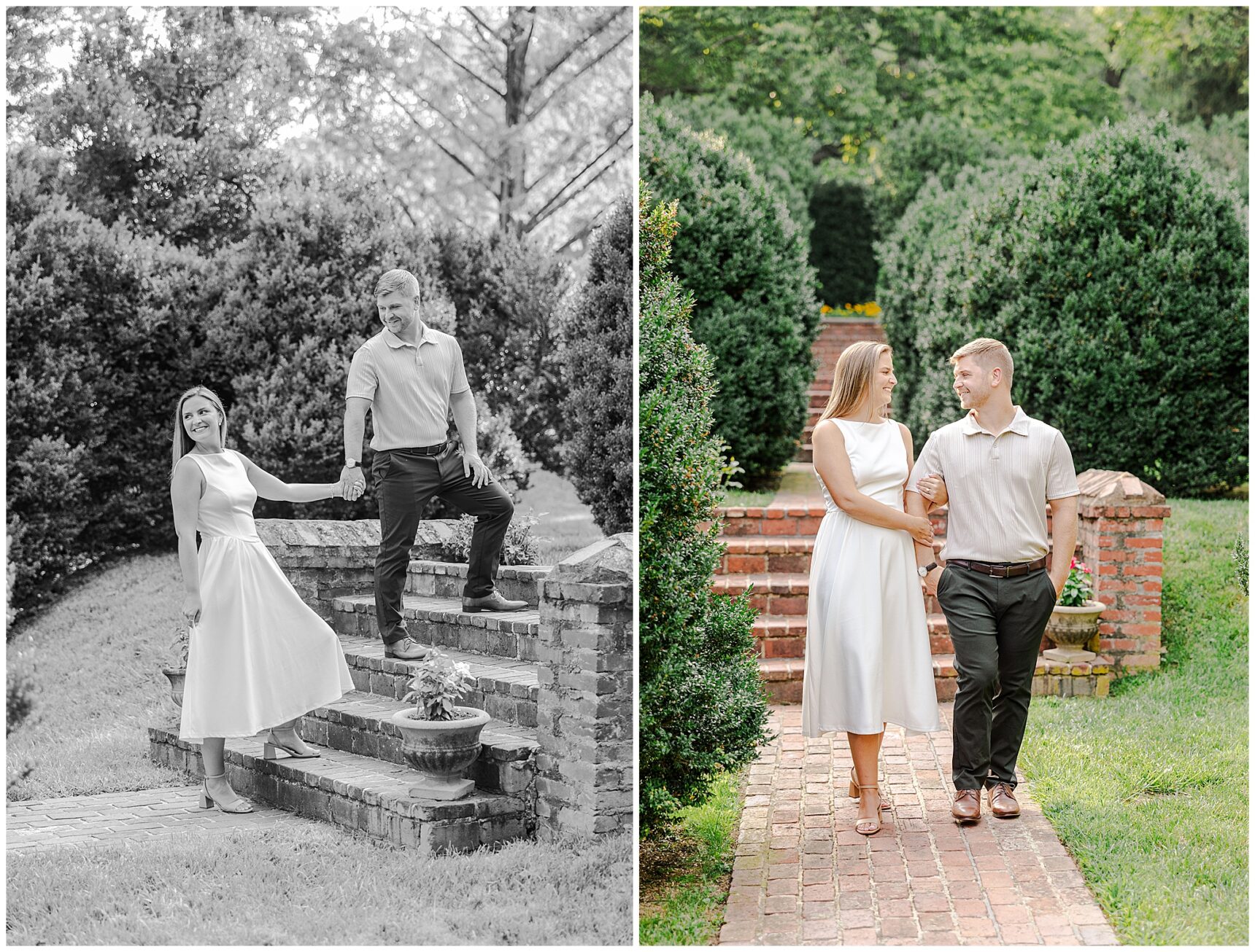 Sarah and Ian walking hand in hand through the gardens at Morven Park during golden hour