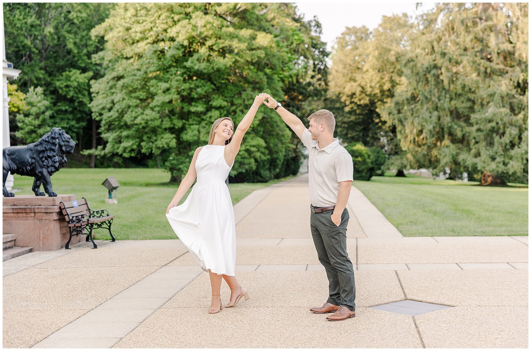 Bride-to-be Sarah in a timeless white dress during her Northern Virginia engagement session