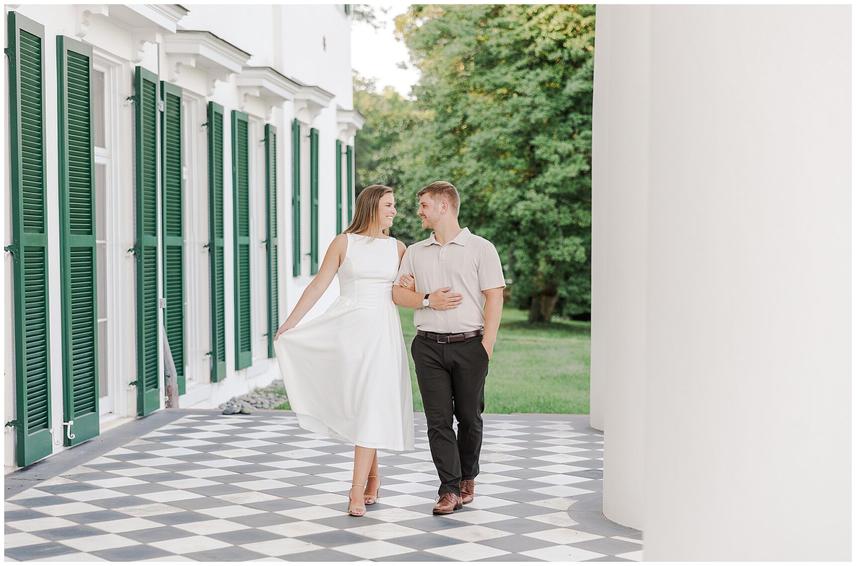 Engaged couple enjoying a relaxed evening together at Morven Park in Virginia
