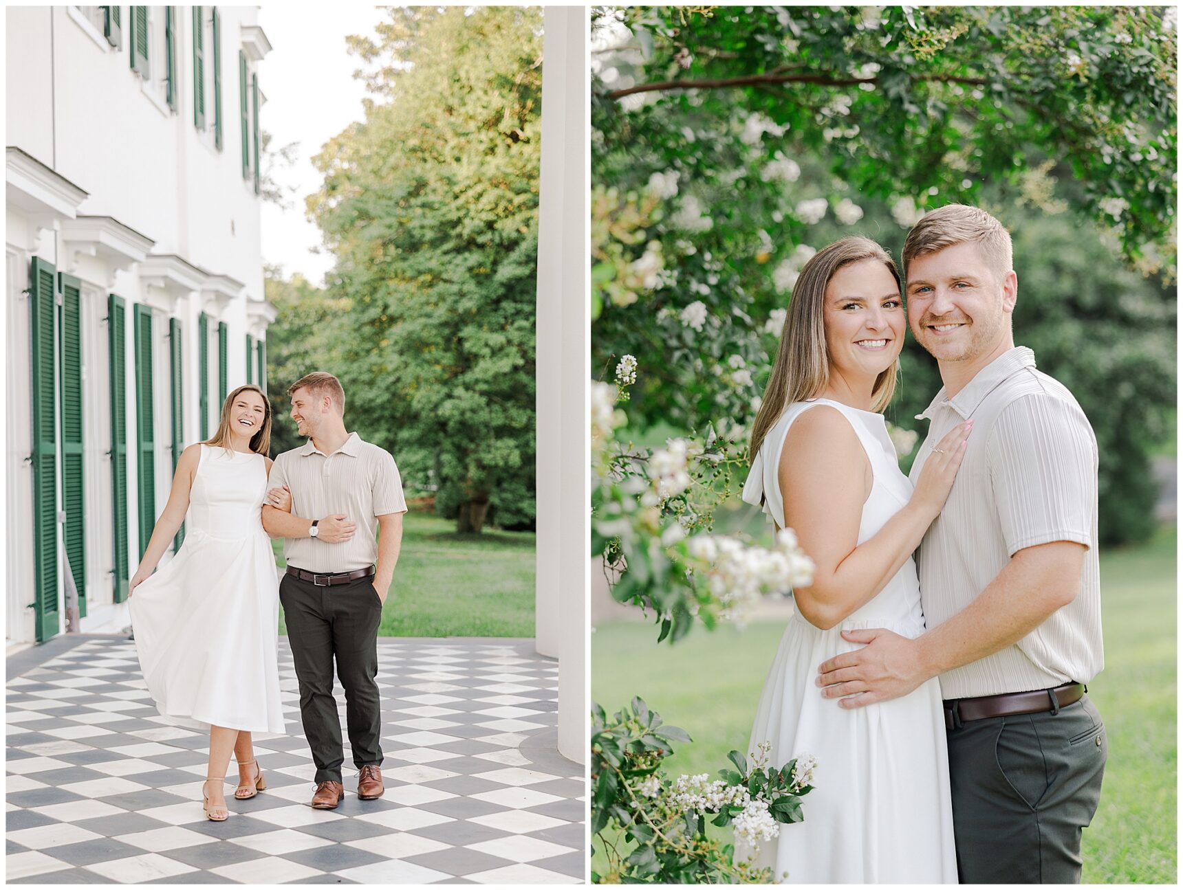 Couple exploring the gardens together during a summer engagement session at Morven Park