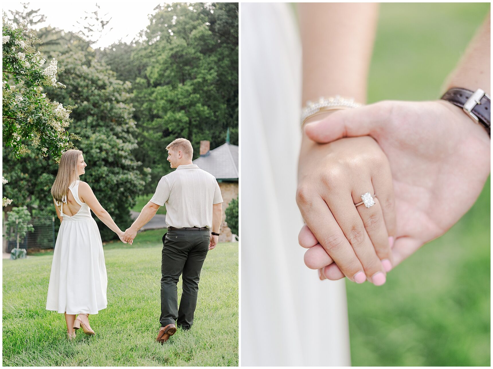 Romantic portrait of an engaged couple surrounded by greenery at Morven Park