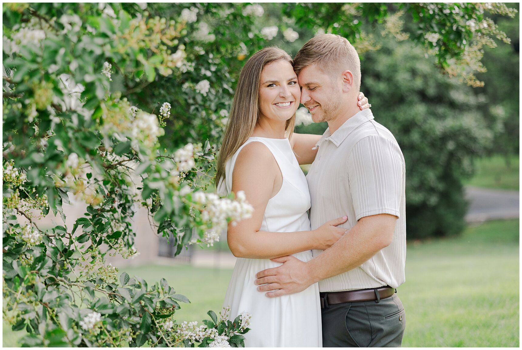 Sarah and Ian embracing during their romantic Northern Virginia engagement photos