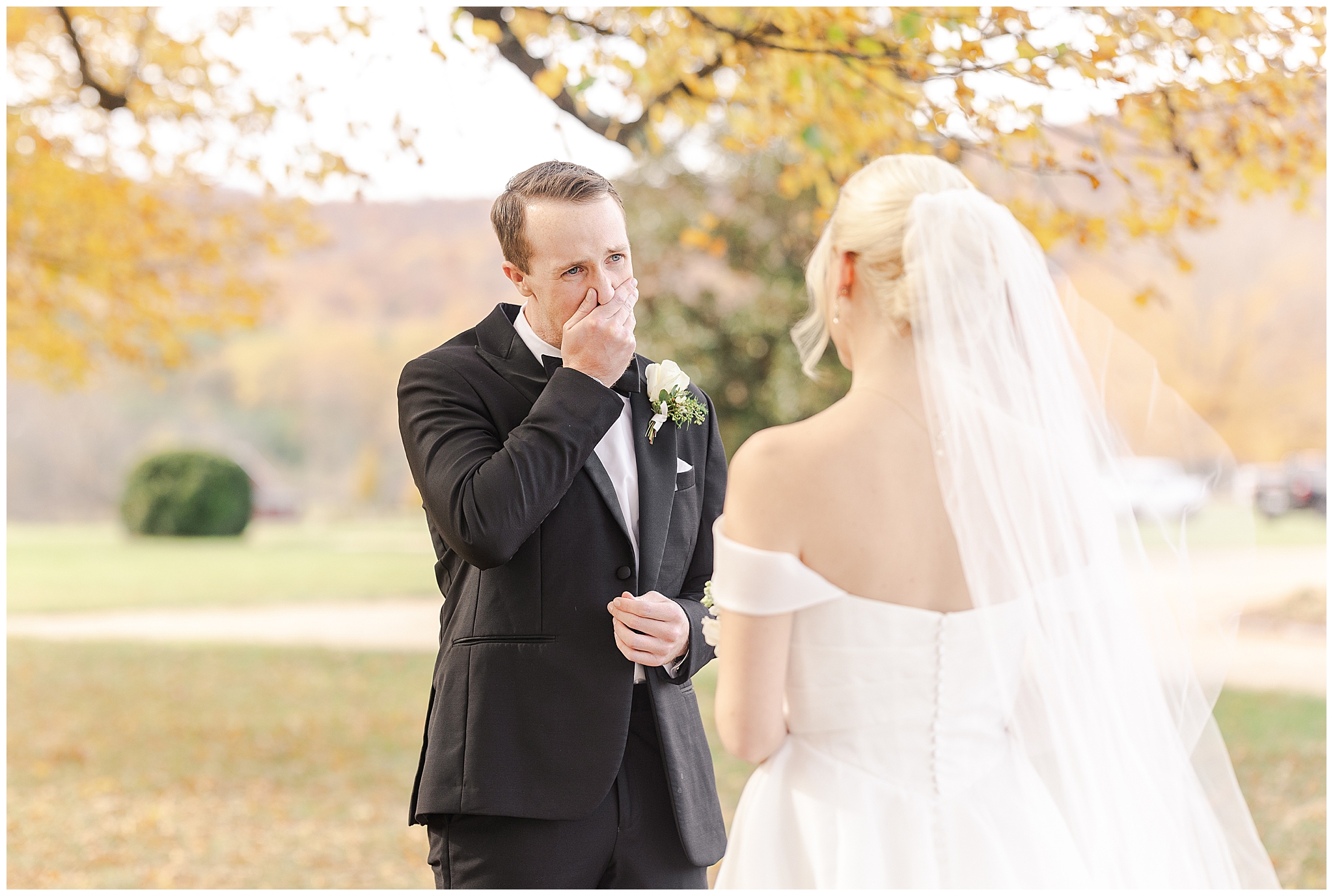 Bride & Groom share a First Look during their fall wedding at Castle Hill Cider.